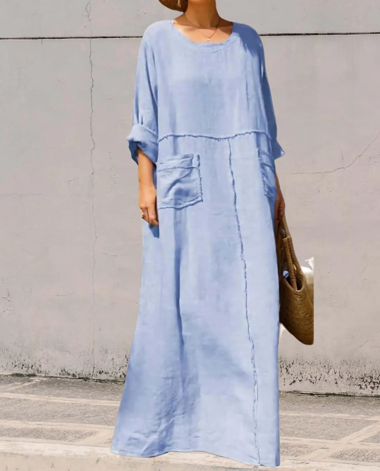 Women's Round Neck Cotton Linen Long Sleeve Dresses Casual Pleated Flowy Maxi Dress Beach Loose Dress with Pocket