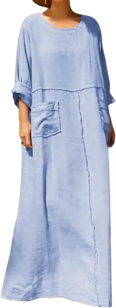 Women's Round Neck Cotton Linen Long Sleeve Dresses Casual Pleated Flowy Maxi Dress Beach Loose Dress with Pocket