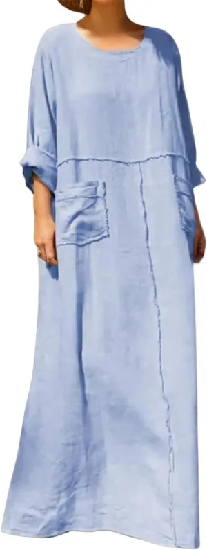 Women's Round Neck Cotton Linen Long Sleeve Dresses Casual Pleated Flowy Maxi Dress Beach Loose Dress with Pocket