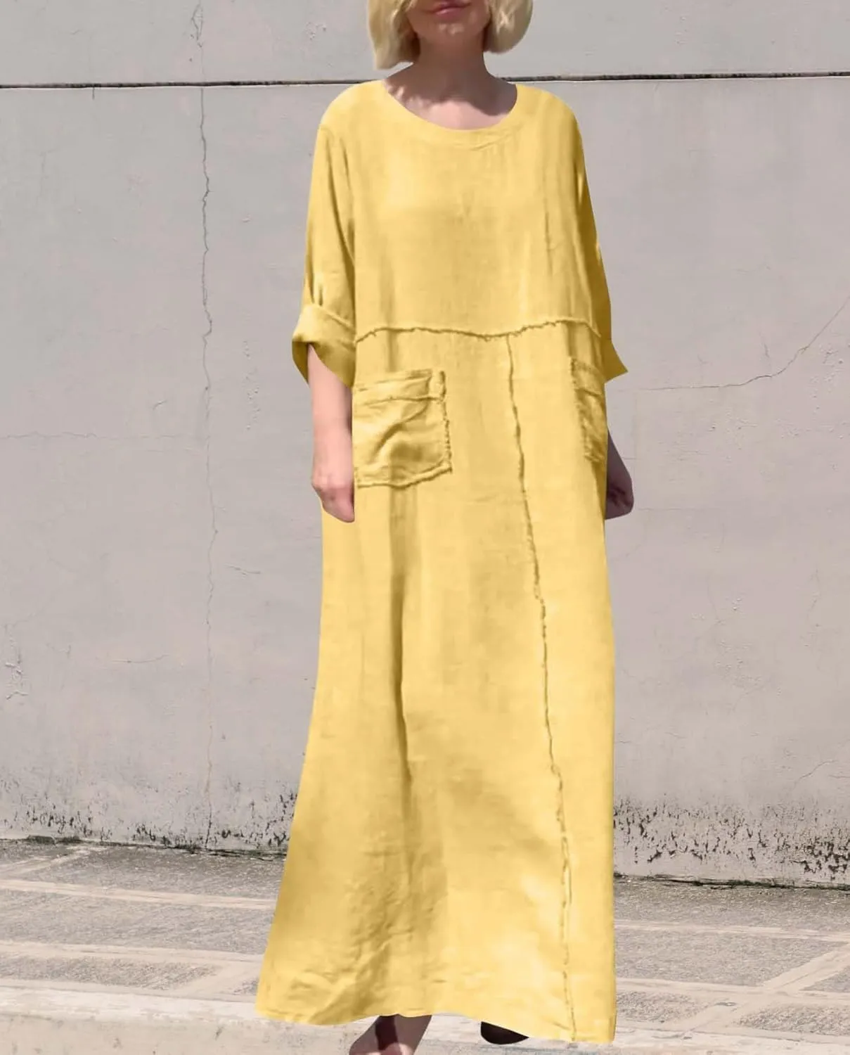 Women's Round Neck Cotton Linen Long Sleeve Dresses Casual Pleated Flowy Maxi Dress Beach Loose Dress with Pocket