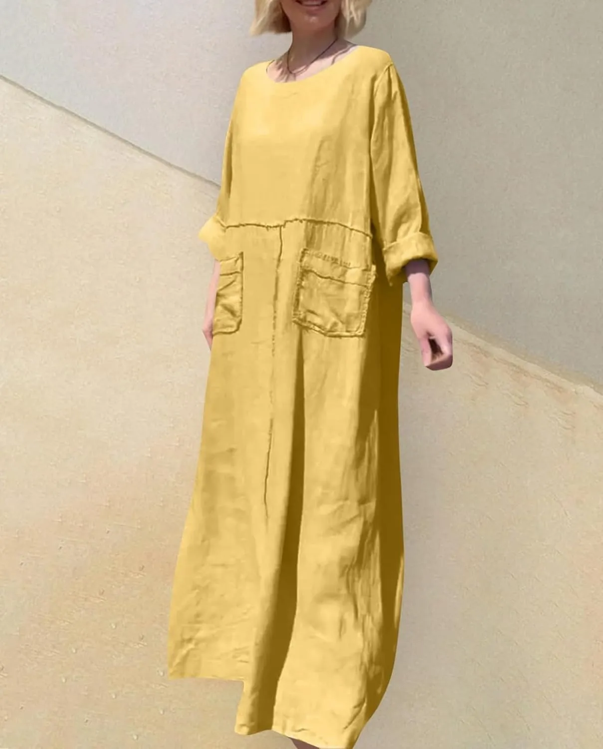 Women's Round Neck Cotton Linen Long Sleeve Dresses Casual Pleated Flowy Maxi Dress Beach Loose Dress with Pocket