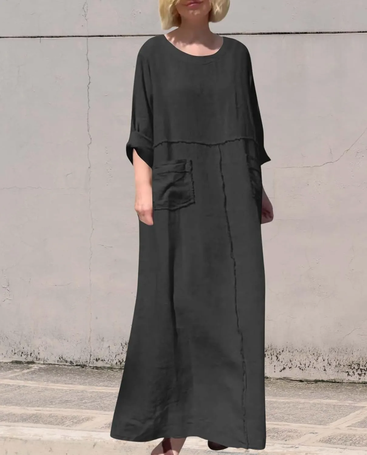 Women's Round Neck Cotton Linen Long Sleeve Dresses Casual Pleated Flowy Maxi Dress Beach Loose Dress with Pocket