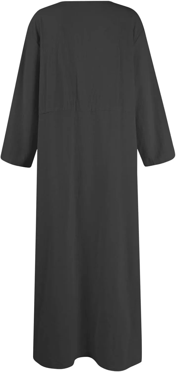Women's Round Neck Cotton Linen Long Sleeve Dresses Casual Pleated Flowy Maxi Dress Beach Loose Dress with Pocket