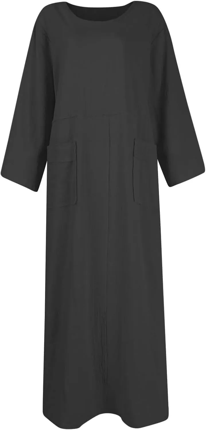Women's Round Neck Cotton Linen Long Sleeve Dresses Casual Pleated Flowy Maxi Dress Beach Loose Dress with Pocket