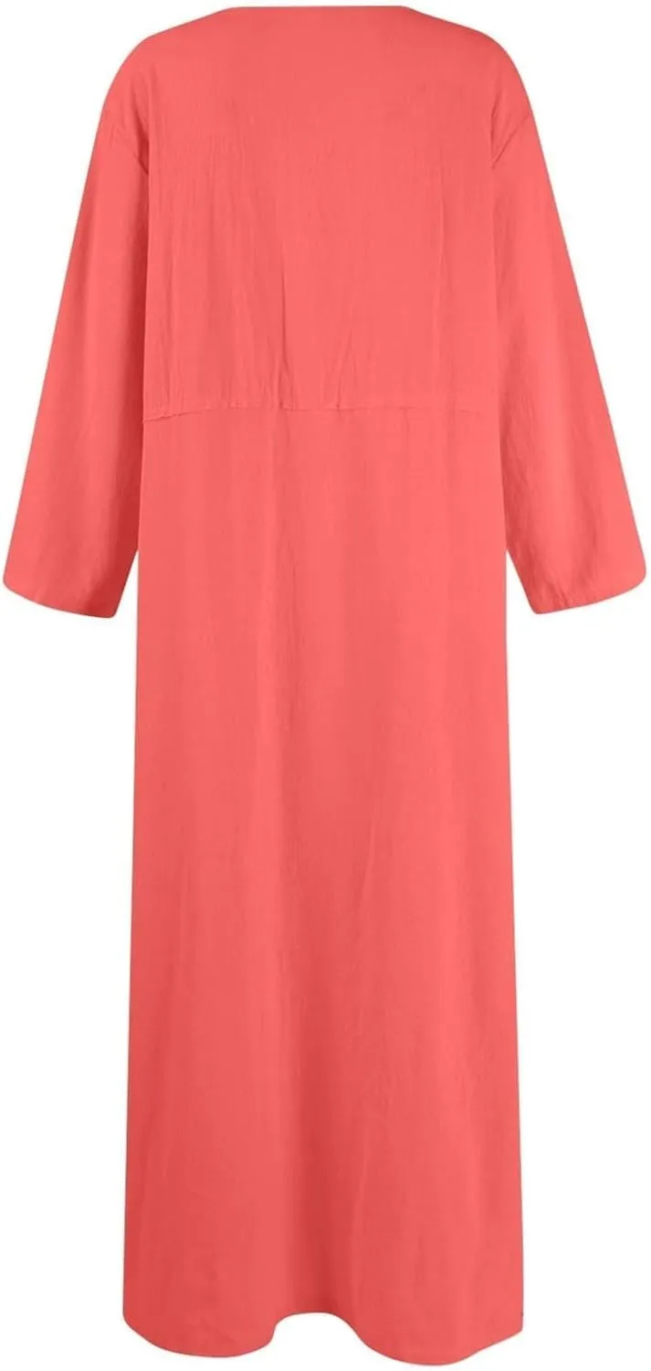 Women's Round Neck Cotton Linen Long Sleeve Dresses Casual Pleated Flowy Maxi Dress Beach Loose Dress with Pocket