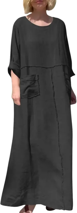 Women's Round Neck Cotton Linen Long Sleeve Dresses Casual Pleated Flowy Maxi Dress Beach Loose Dress with Pocket