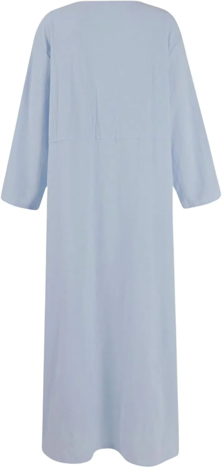 Women's Round Neck Cotton Linen Long Sleeve Dresses Casual Pleated Flowy Maxi Dress Beach Loose Dress with Pocket