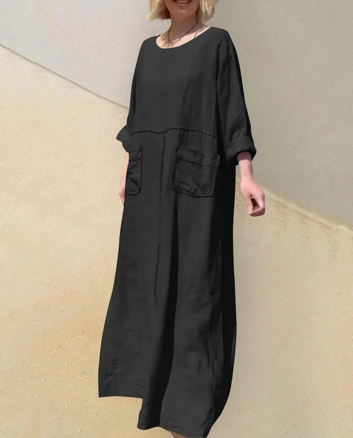 Women's Round Neck Cotton Linen Long Sleeve Dresses Casual Pleated Flowy Maxi Dress Beach Loose Dress with Pocket