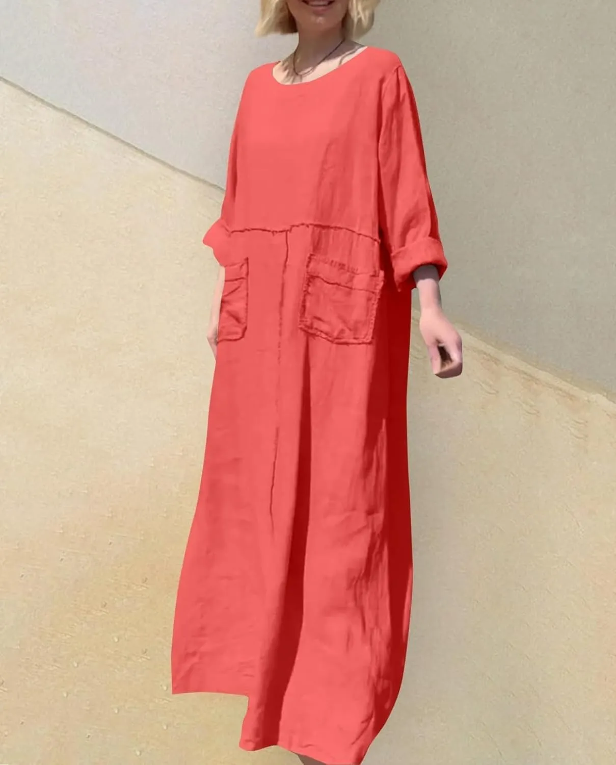 Women's Round Neck Cotton Linen Long Sleeve Dresses Casual Pleated Flowy Maxi Dress Beach Loose Dress with Pocket