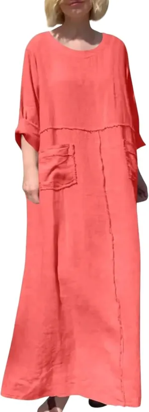 Women's Round Neck Cotton Linen Long Sleeve Dresses Casual Pleated Flowy Maxi Dress Beach Loose Dress with Pocket