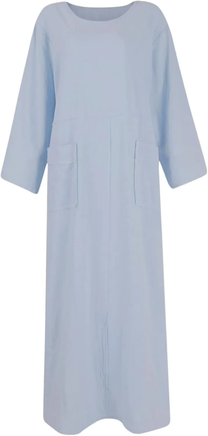 Women's Round Neck Cotton Linen Long Sleeve Dresses Casual Pleated Flowy Maxi Dress Beach Loose Dress with Pocket