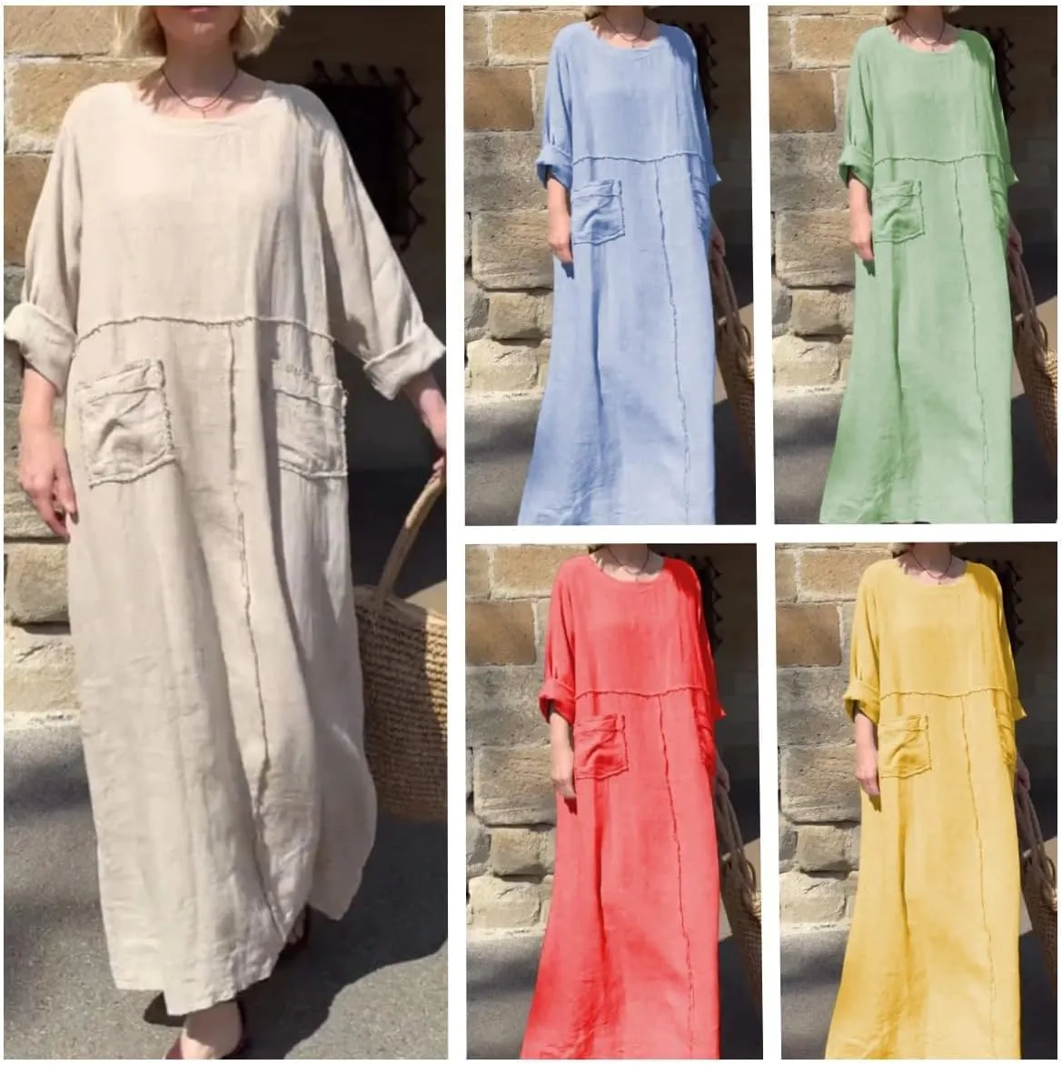 Women's Round Neck Cotton Linen Long Sleeve Dresses Casual Pleated Flowy Maxi Dress Beach Loose Dress with Pocket