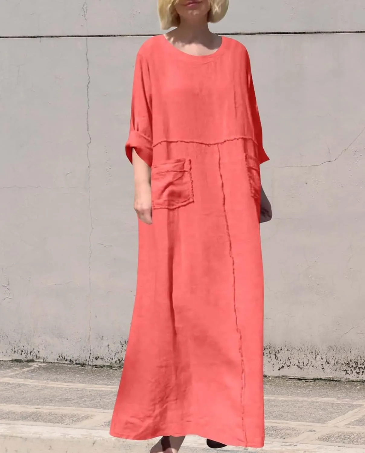 Women's Round Neck Cotton Linen Long Sleeve Dresses Casual Pleated Flowy Maxi Dress Beach Loose Dress with Pocket
