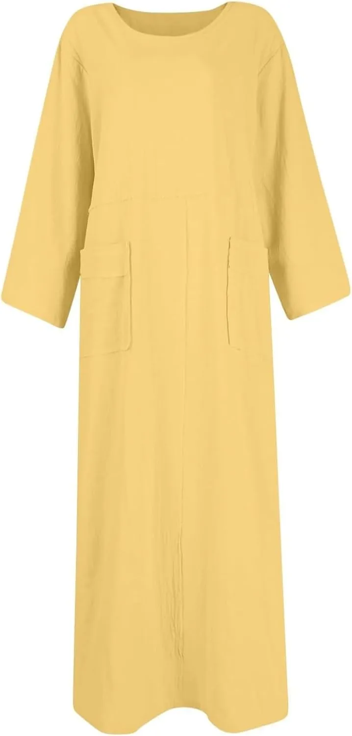 Women's Round Neck Cotton Linen Long Sleeve Dresses Casual Pleated Flowy Maxi Dress Beach Loose Dress with Pocket