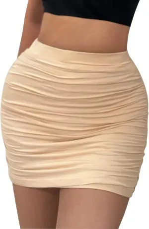 Women's Sexy Skorts High Waist Solid Elasticity Tight Ruched Bodycon Mini Club Double Layer Skirt