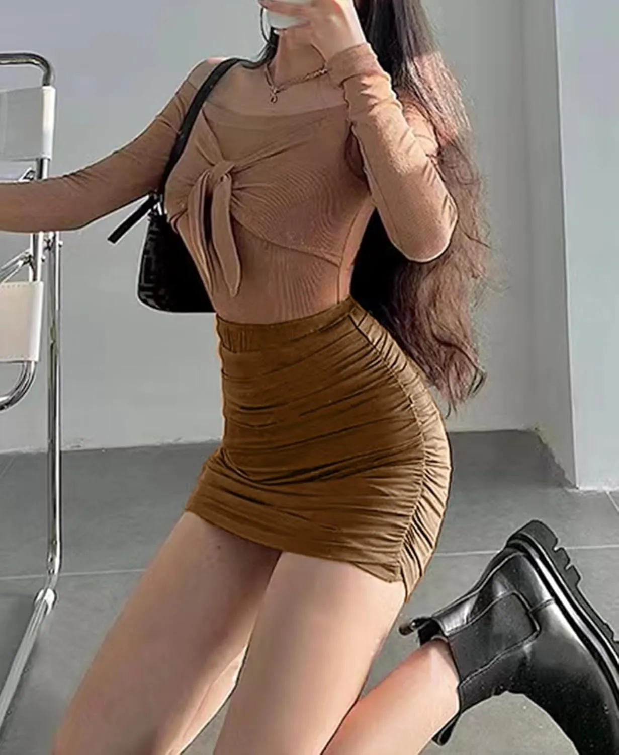 Women's Sexy Skorts High Waist Solid Elasticity Tight Ruched Bodycon Mini Club Double Layer Skirt