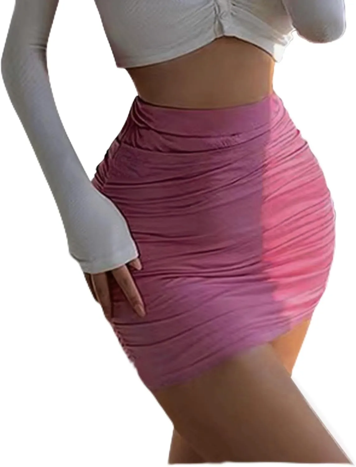 Women's Sexy Skorts High Waist Solid Elasticity Tight Ruched Bodycon Mini Club Double Layer Skirt
