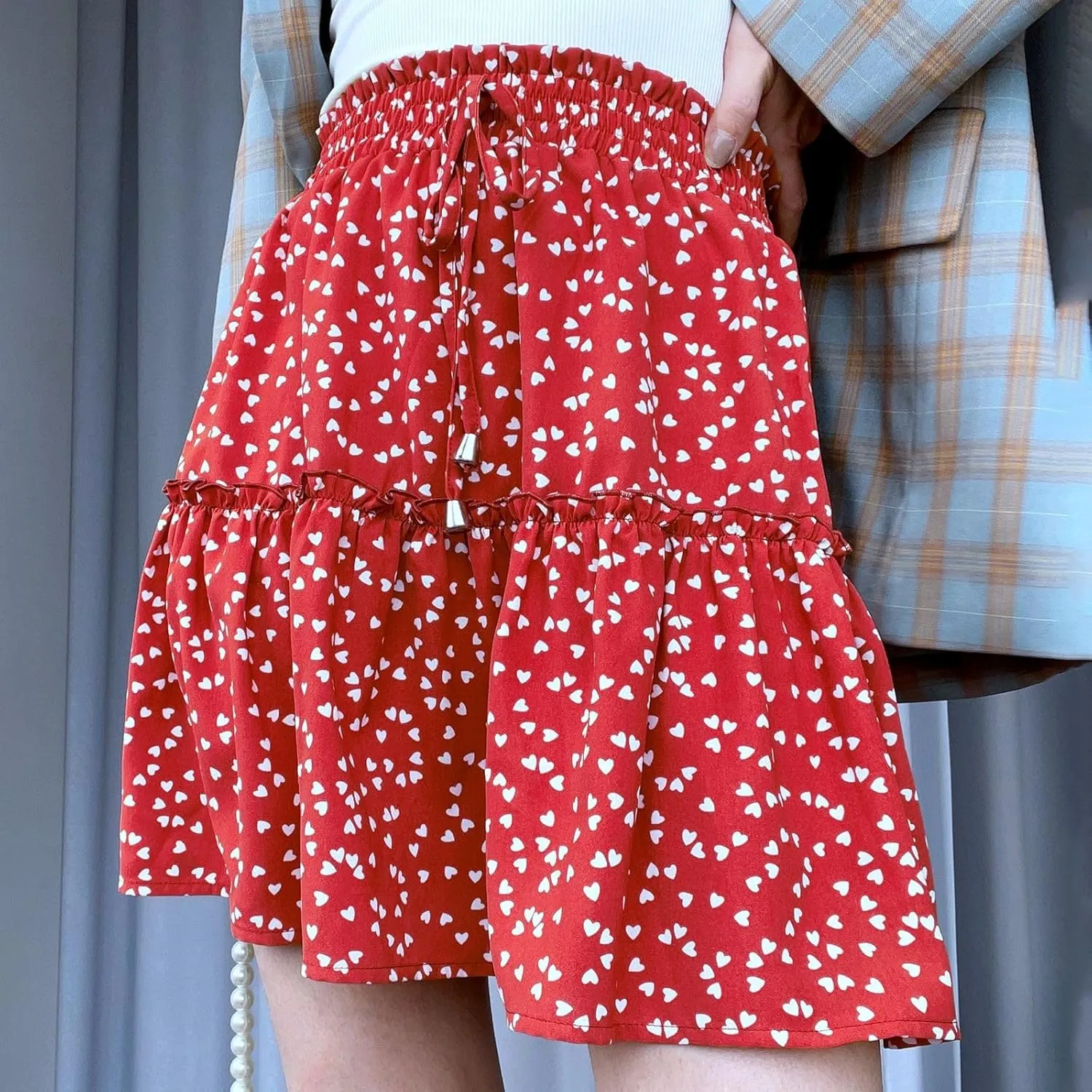Women's Short Floral Ruffle Chiffon Mini Skirt with Tiered Hem Elastic Drawstring Waist A-Line Swing Beach Dress