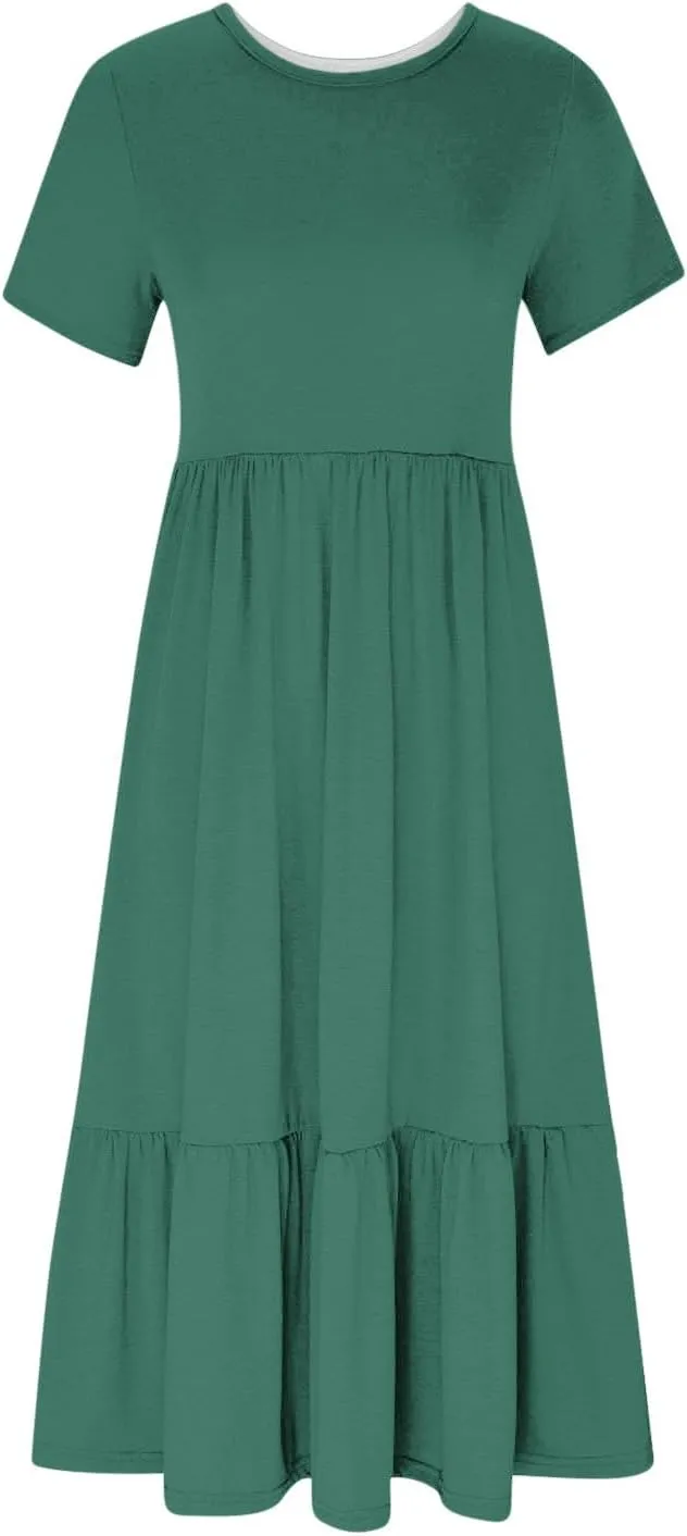 Women's Short Sleeve Pocket Swing Dresses Casual Loose Beach T-Shirt Dress Summer Flowy Ruffle Maxi Long Dress