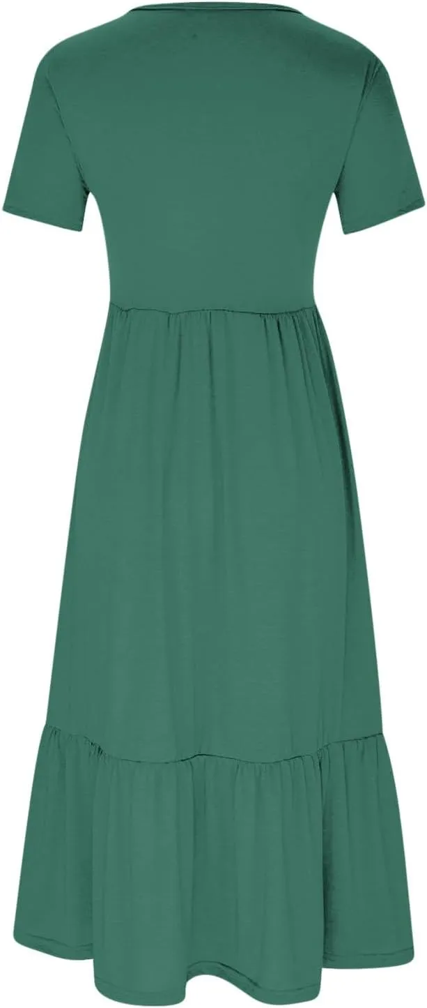 Women's Short Sleeve Pocket Swing Dresses Casual Loose Beach T-Shirt Dress Summer Flowy Ruffle Maxi Long Dress