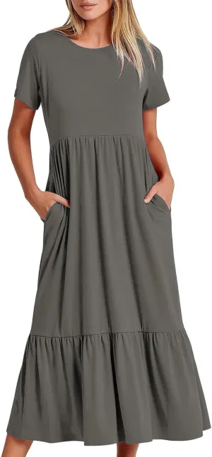 Women's Short Sleeve Pocket Swing Dresses Casual Loose Beach T-Shirt Dress Summer Flowy Ruffle Maxi Long Dress