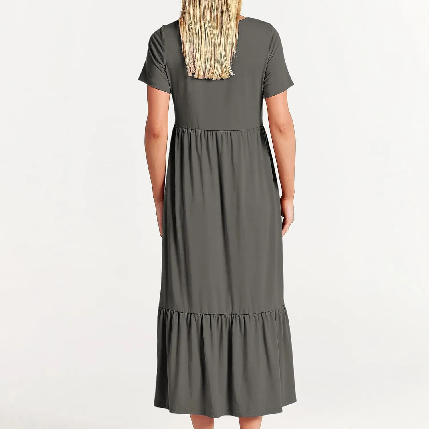 Women's Short Sleeve Pocket Swing Dresses Casual Loose Beach T-Shirt Dress Summer Flowy Ruffle Maxi Long Dress