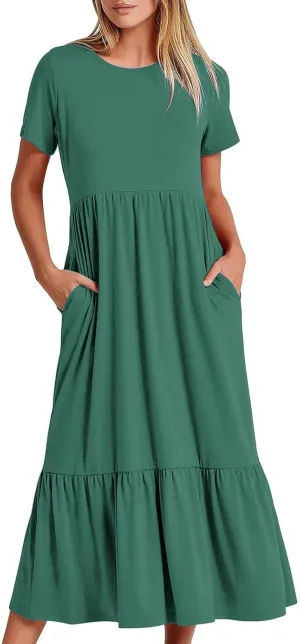Women's Short Sleeve Pocket Swing Dresses Casual Loose Beach T-Shirt Dress Summer Flowy Ruffle Maxi Long Dress
