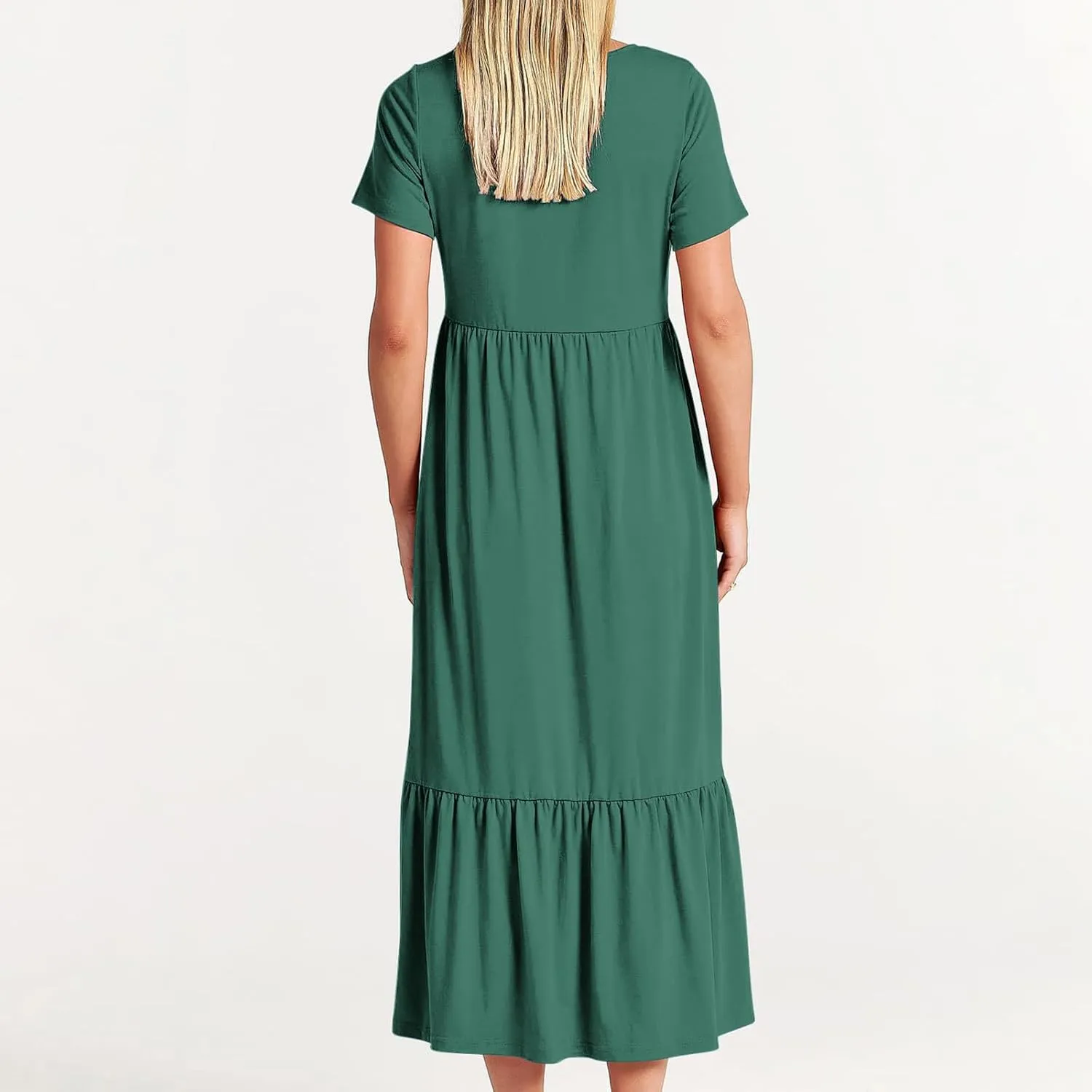 Women's Short Sleeve Pocket Swing Dresses Casual Loose Beach T-Shirt Dress Summer Flowy Ruffle Maxi Long Dress