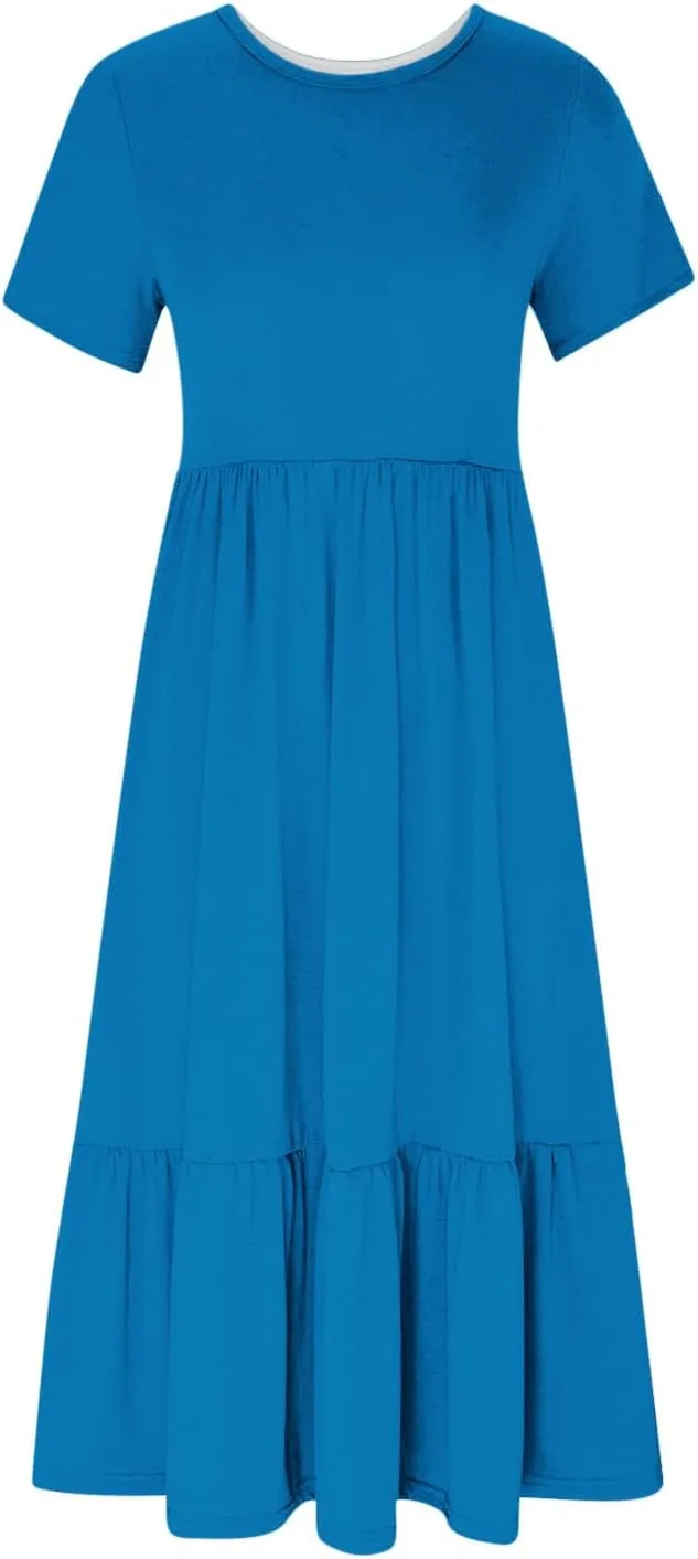 Women's Short Sleeve Pocket Swing Dresses Casual Loose Beach T-Shirt Dress Summer Flowy Ruffle Maxi Long Dress