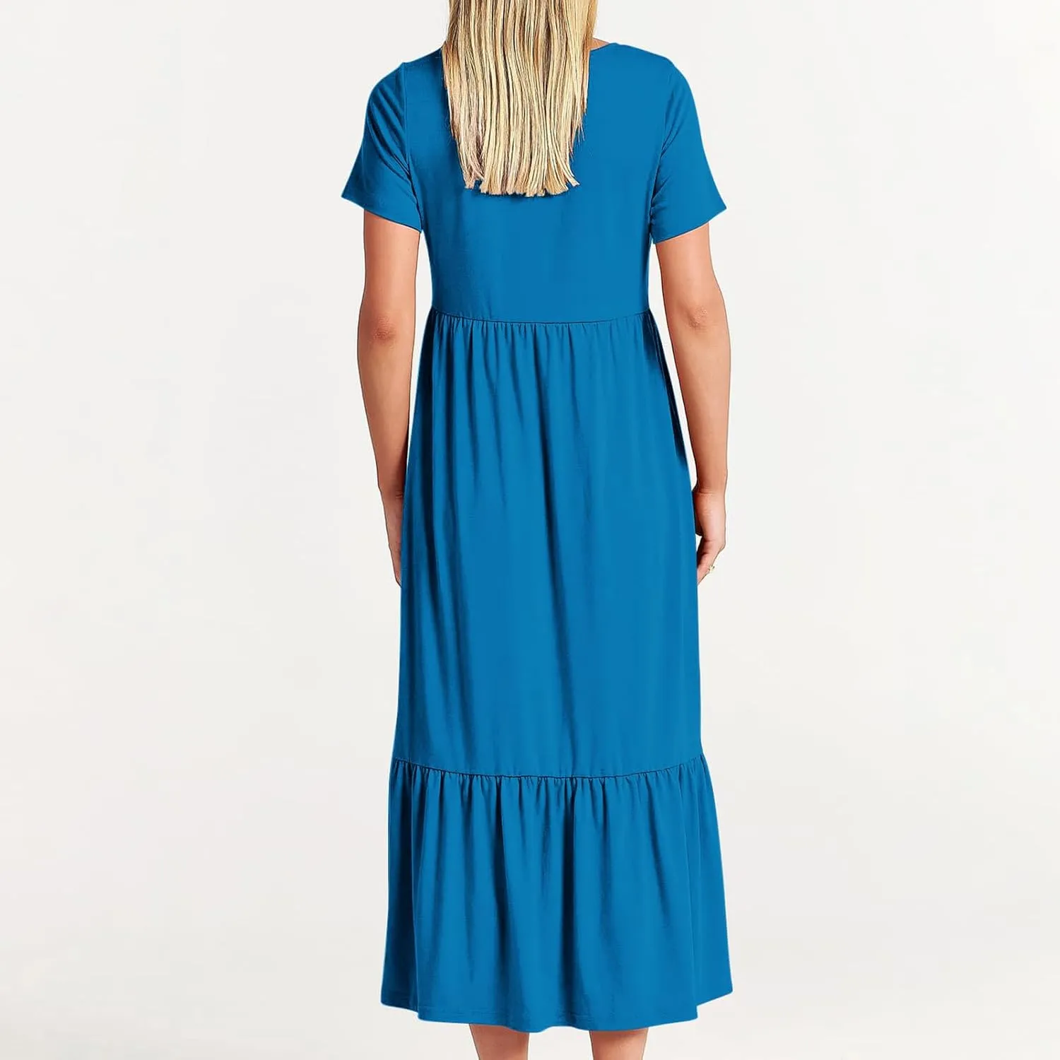 Women's Short Sleeve Pocket Swing Dresses Casual Loose Beach T-Shirt Dress Summer Flowy Ruffle Maxi Long Dress