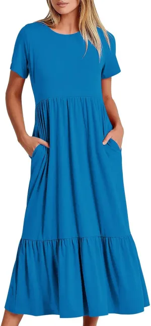 Women's Short Sleeve Pocket Swing Dresses Casual Loose Beach T-Shirt Dress Summer Flowy Ruffle Maxi Long Dress