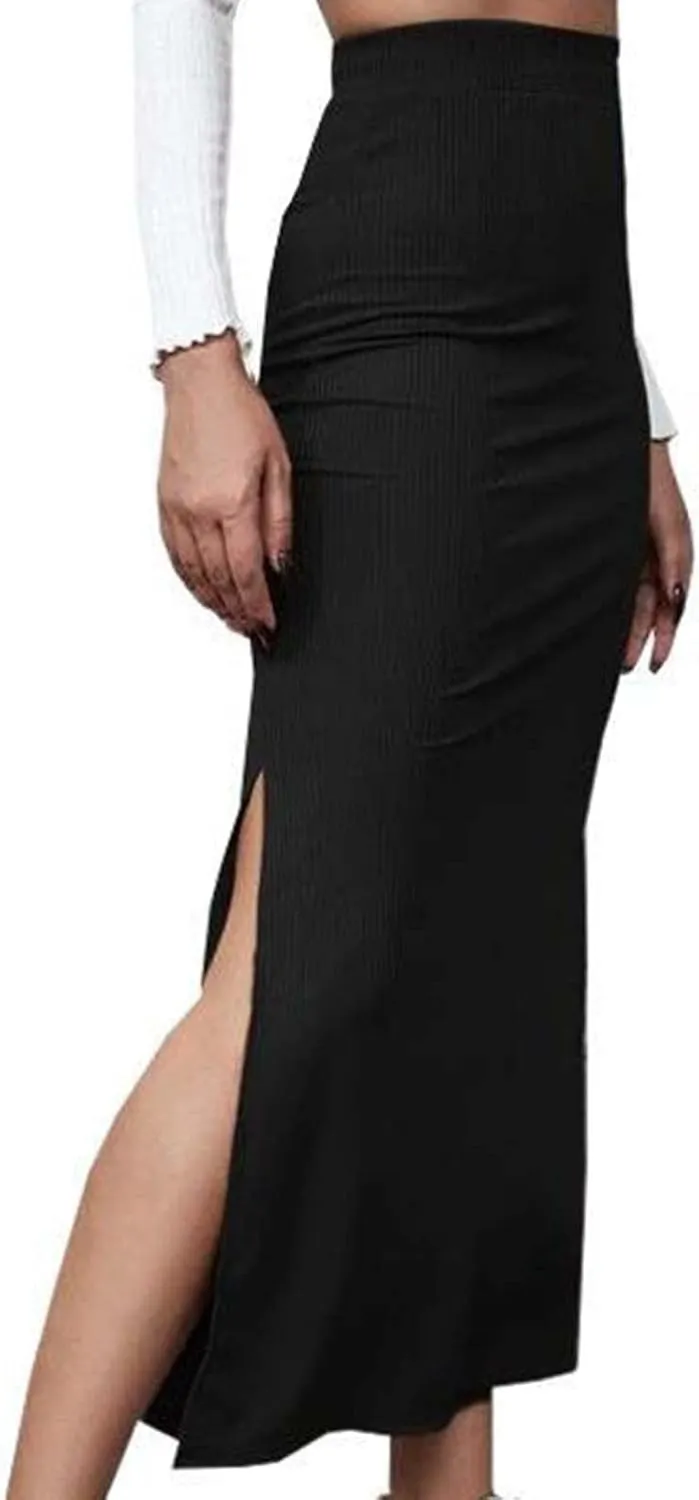 Womens Skirts Midi Length Solid Color Hip-Wrapped Split Skirt Sexy Elasticity Bodycon Skirts Trendy Elegant Skirt