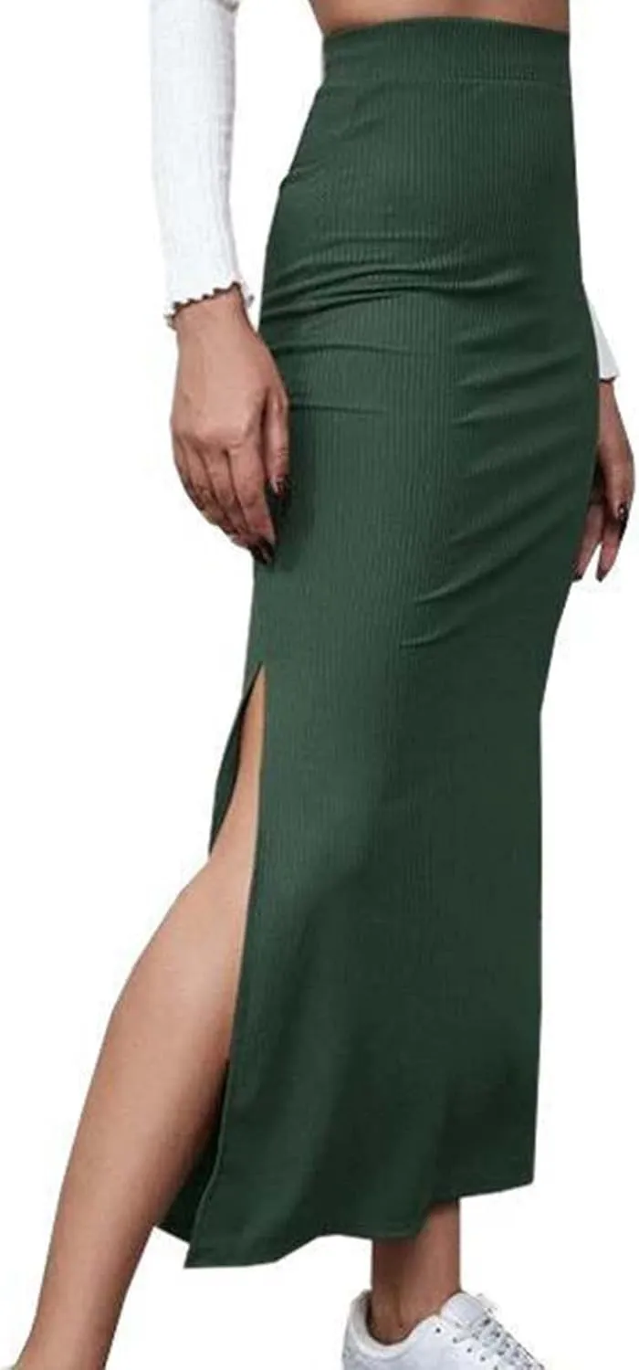 Womens Skirts Midi Length Solid Color Hip-Wrapped Split Skirt Sexy Elasticity Bodycon Skirts Trendy Elegant Skirt