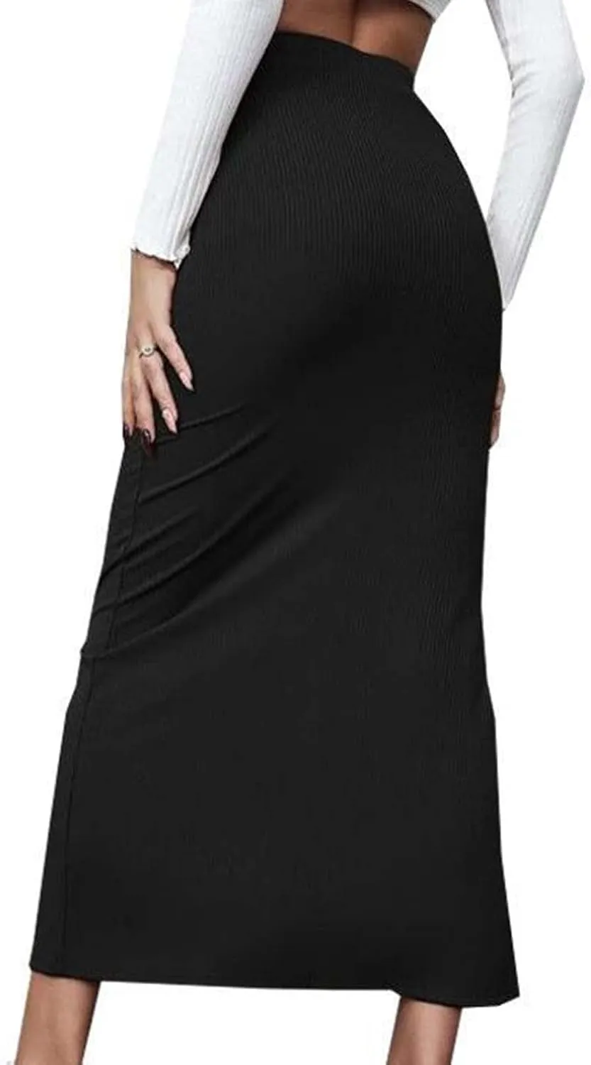 Womens Skirts Midi Length Solid Color Hip-Wrapped Split Skirt Sexy Elasticity Bodycon Skirts Trendy Elegant Skirt