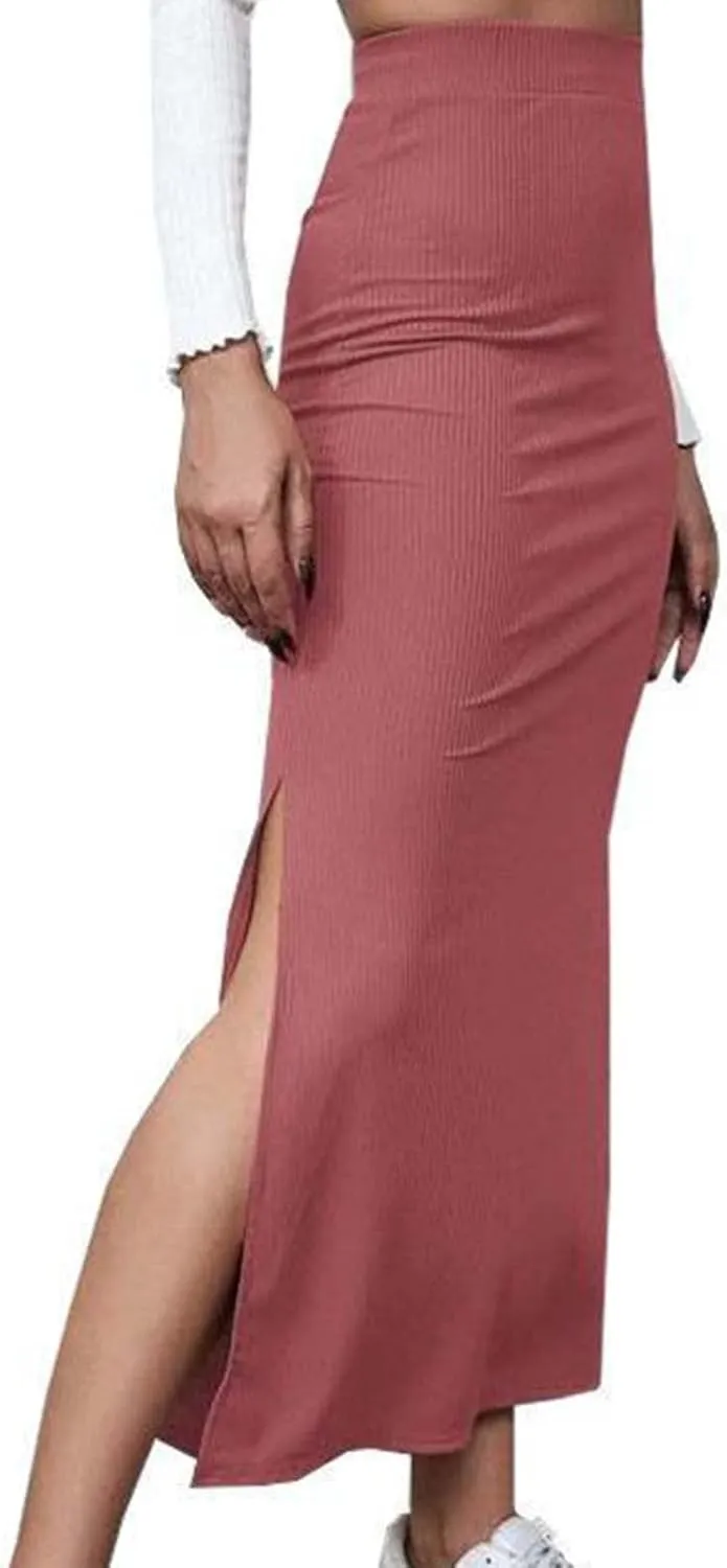 Womens Skirts Midi Length Solid Color Hip-Wrapped Split Skirt Sexy Elasticity Bodycon Skirts Trendy Elegant Skirt