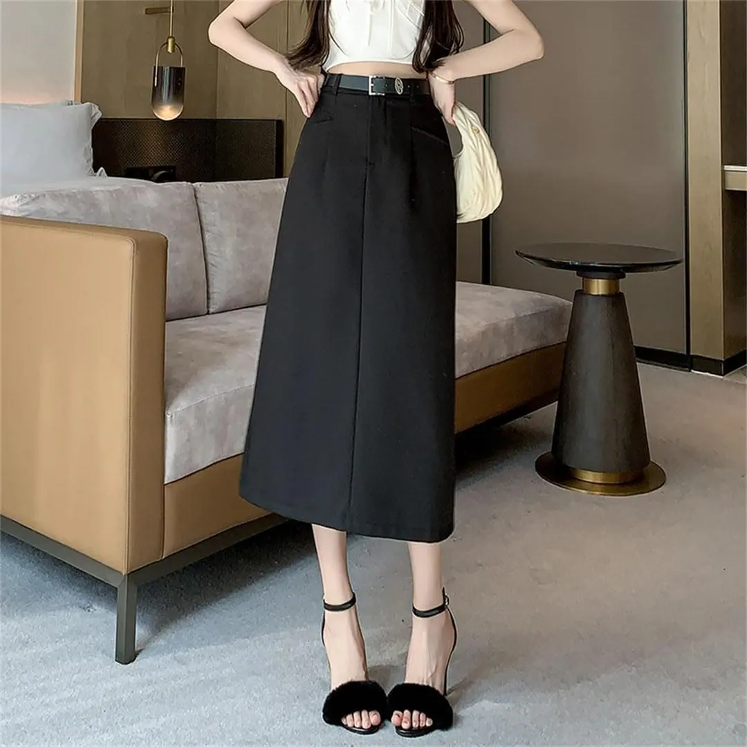 Women's Solid Color A-Line Skirts High Waist Casual Midi Skirts