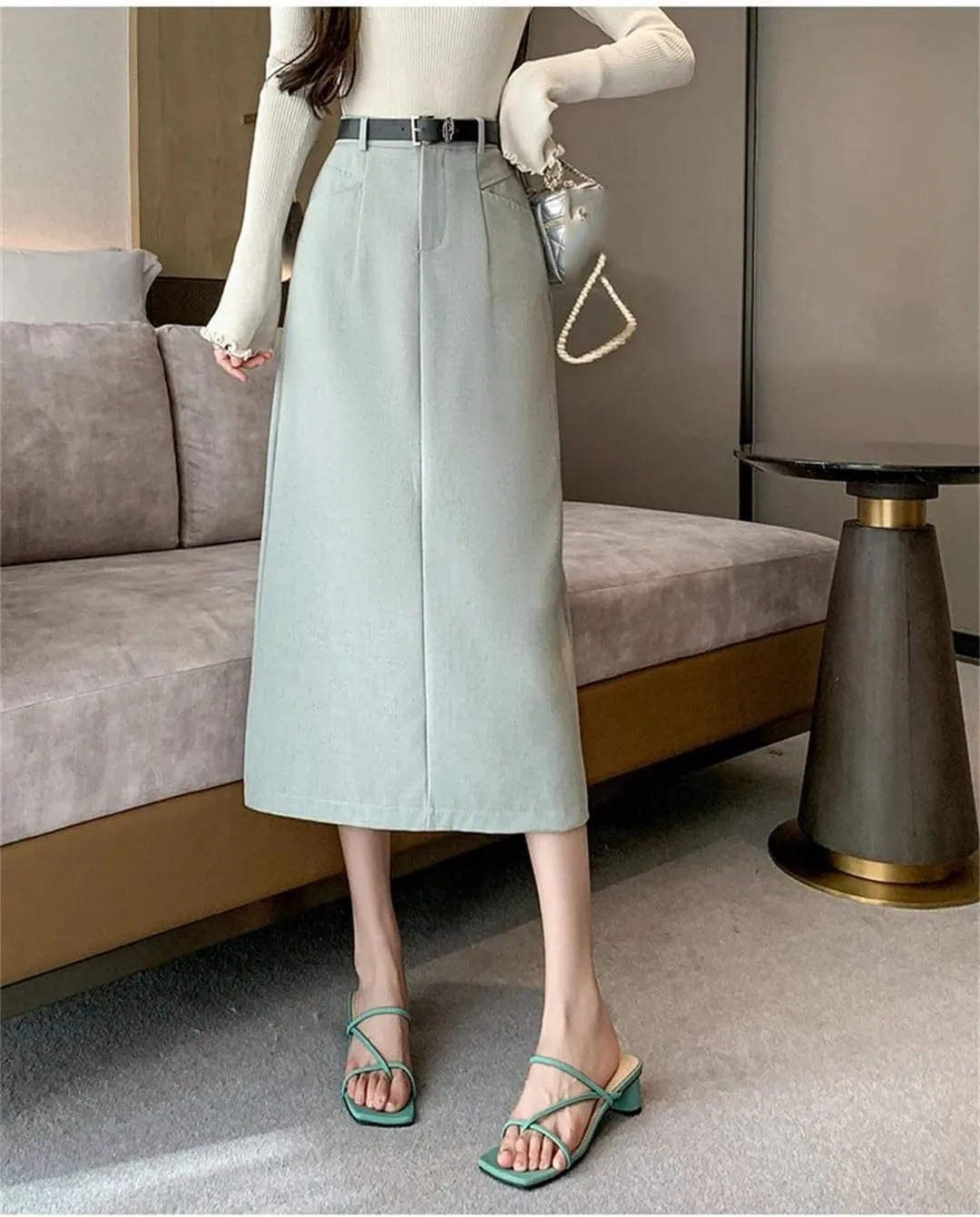 Women's Solid Color A-Line Skirts High Waist Casual Midi Skirts
