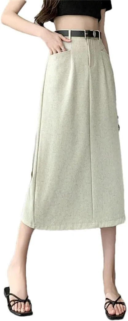 Women's Solid Color A-Line Skirts High Waist Casual Midi Skirts
