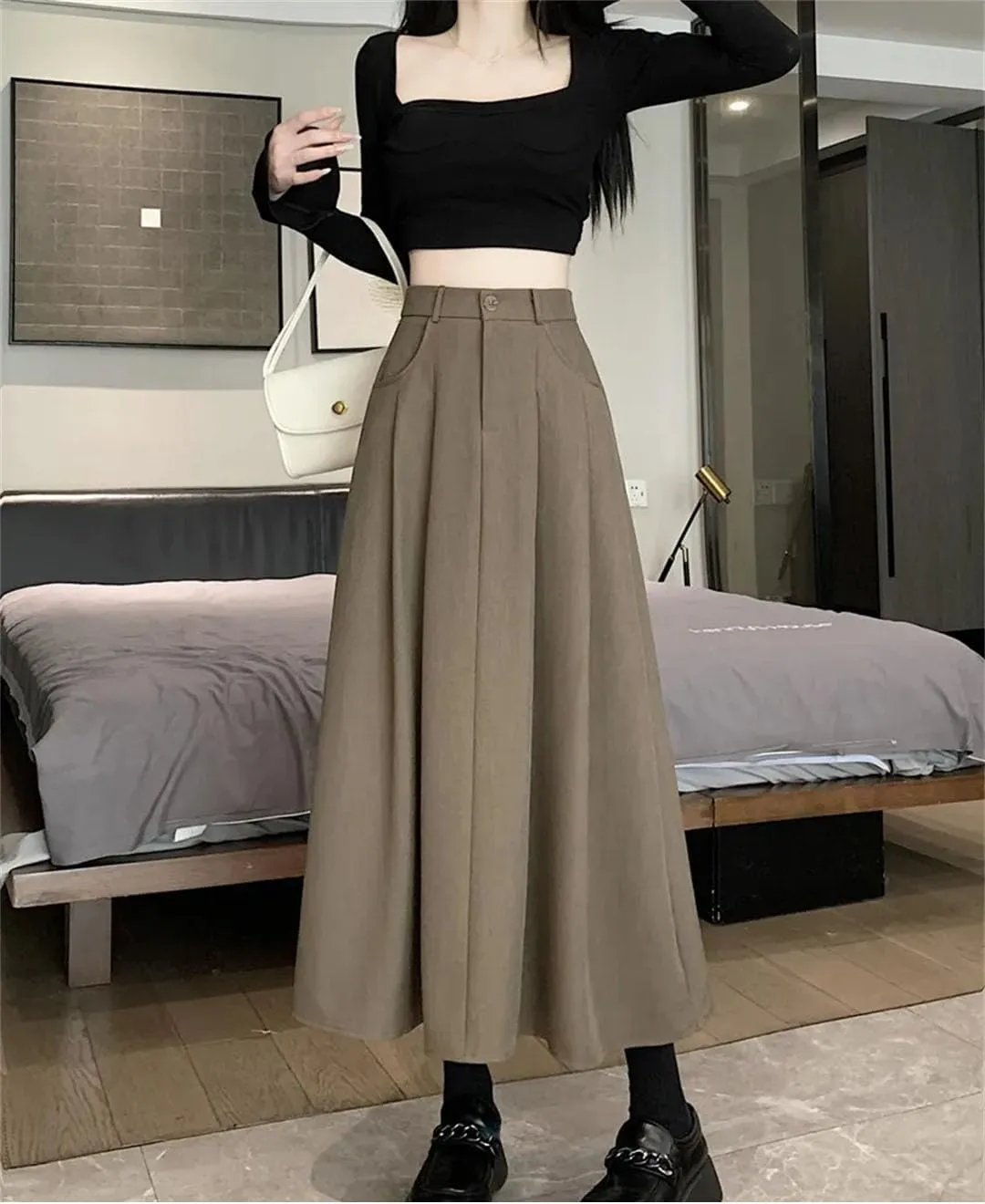 Women's Solid Pleated Color High Waist Casual Mid Length A-Line Skirts