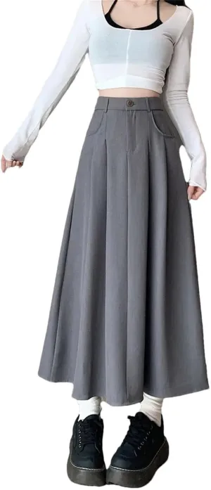 Women's Solid Pleated Color High Waist Casual Mid Length A-Line Skirts