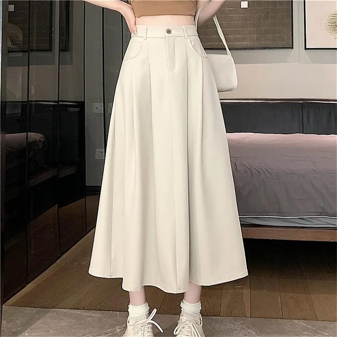 Women's Solid Pleated Color High Waist Casual Mid Length A-Line Skirts
