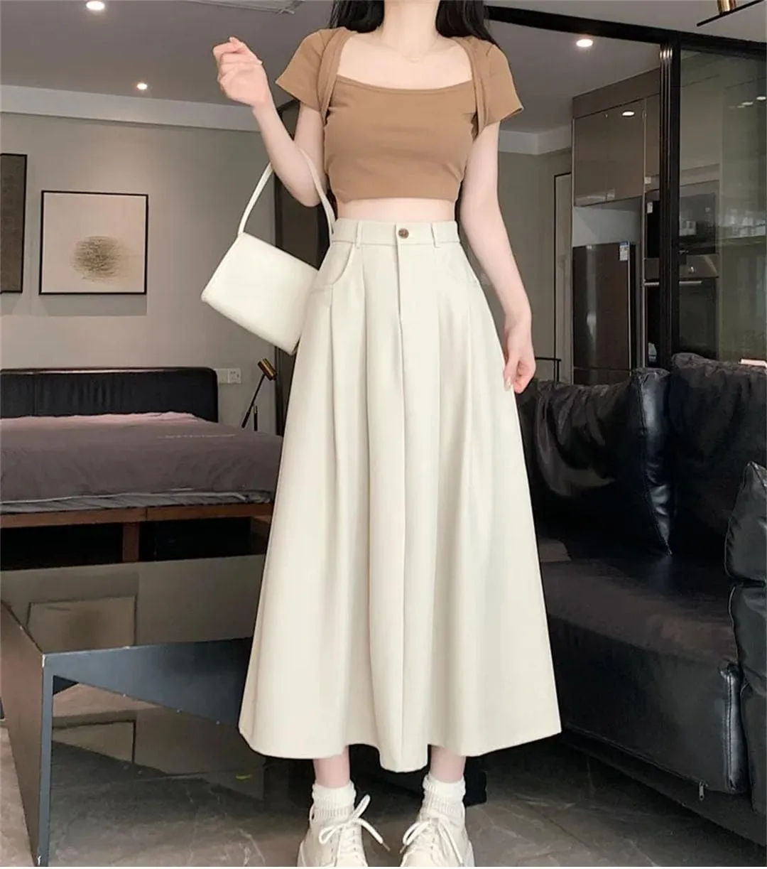 Women's Solid Pleated Color High Waist Casual Mid Length A-Line Skirts