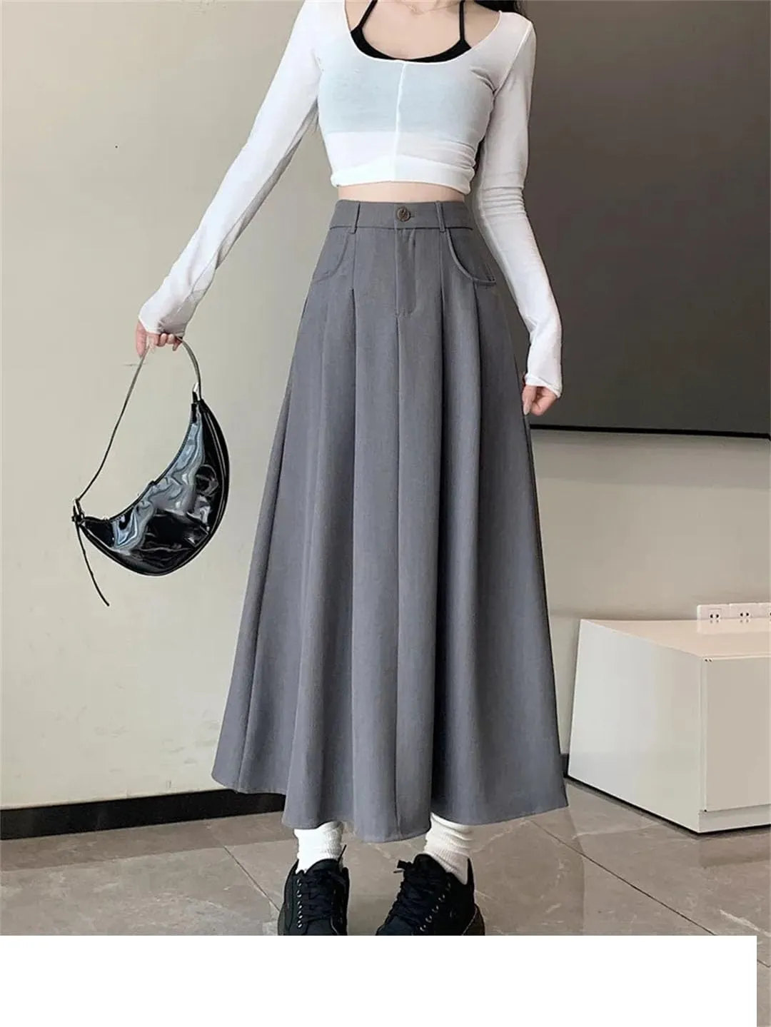 Women's Solid Pleated Color High Waist Casual Mid Length A-Line Skirts