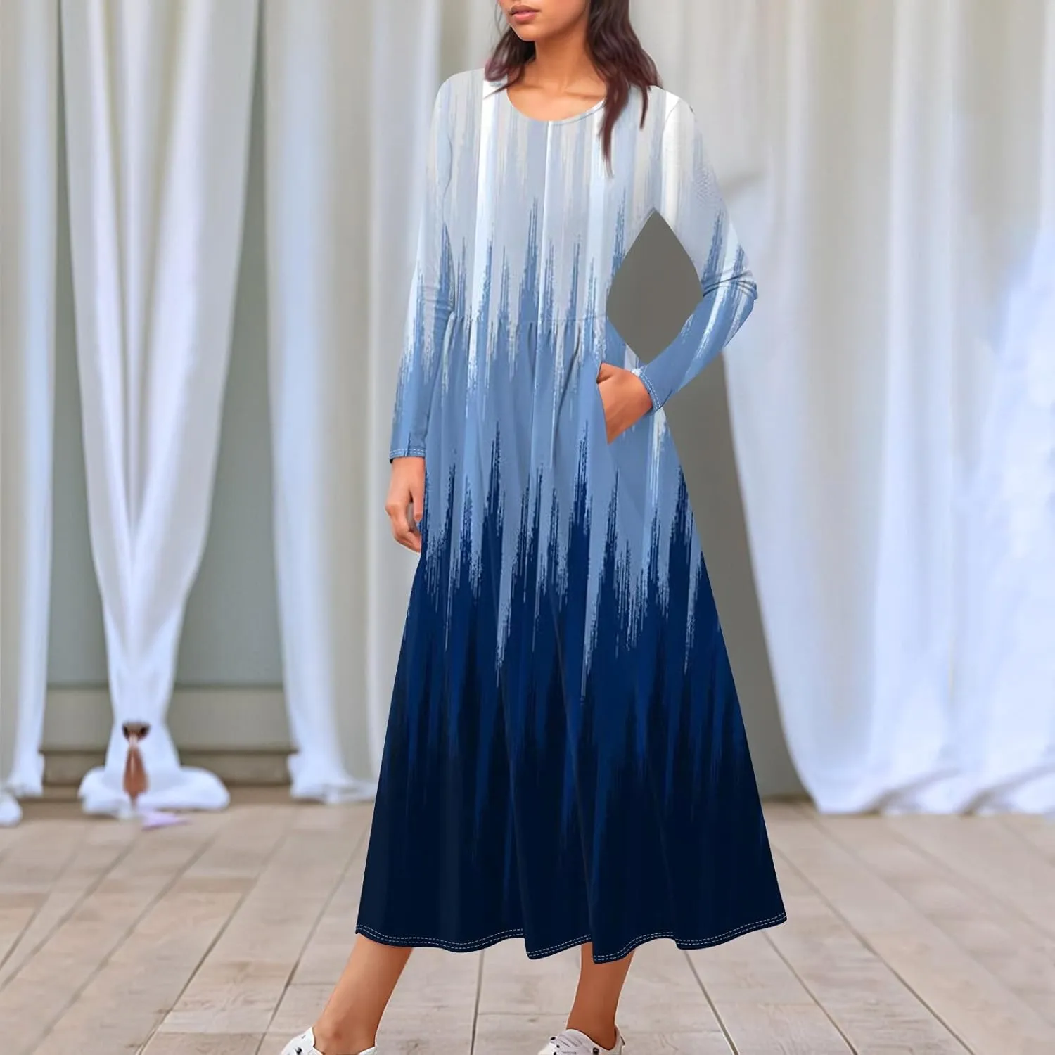 Womens Spring Fashion 2025 Dress Long Sleeve O Neck Midi Elegant Tea Length Summer Trendy Fitted Dressy Dress