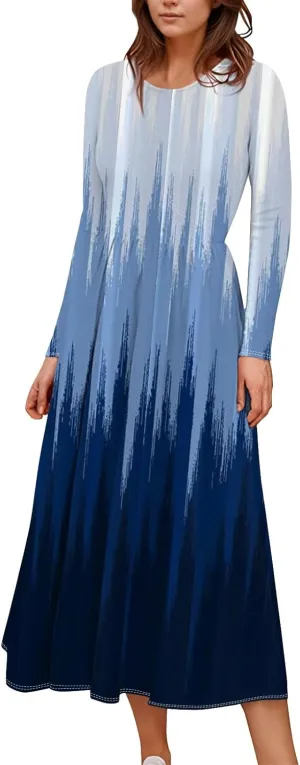 Womens Spring Fashion 2025 Dress Long Sleeve O Neck Midi Elegant Tea Length Summer Trendy Fitted Dressy Dress