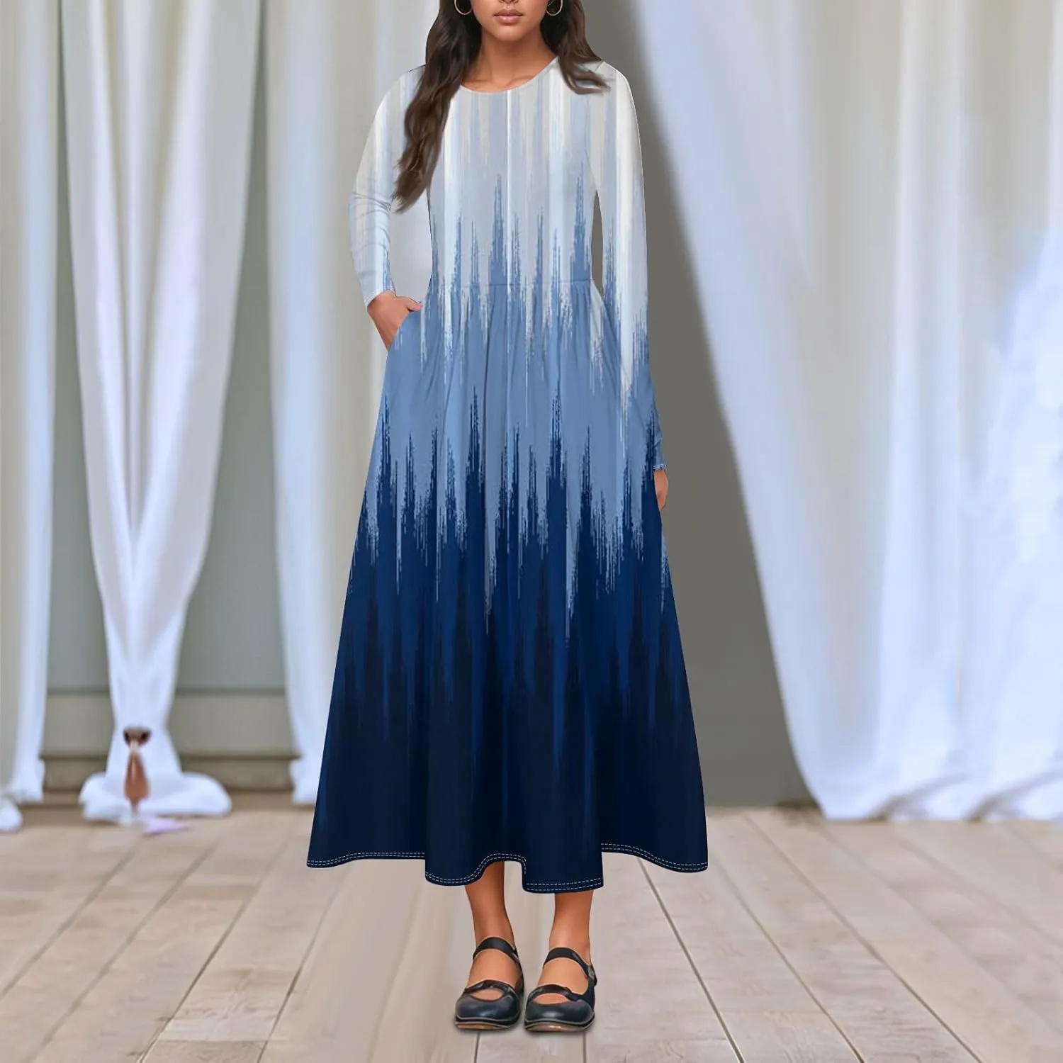 Womens Spring Fashion 2025 Dress Long Sleeve O Neck Midi Elegant Tea Length Summer Trendy Fitted Dressy Dress