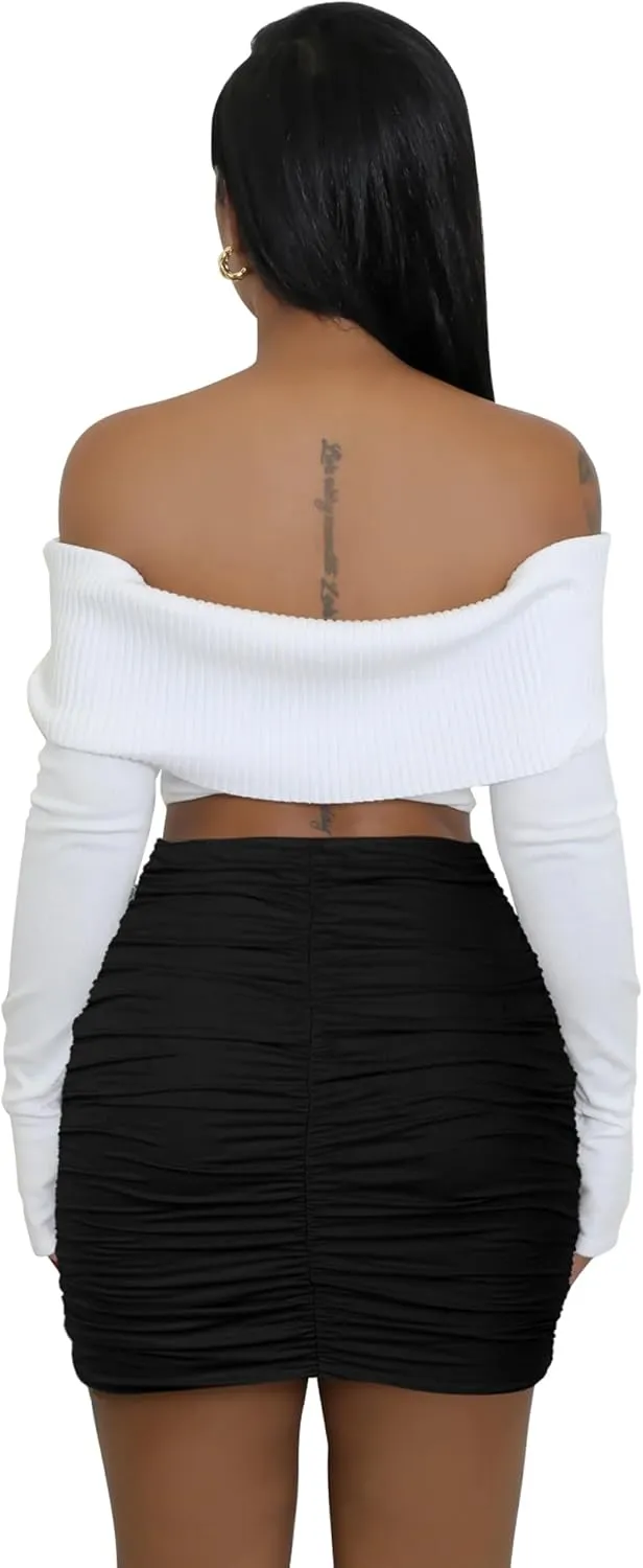 Women's Stretch High Waist Ruched Bodycon Skirts Double Layer Sexy Club Tight Mini Skirt