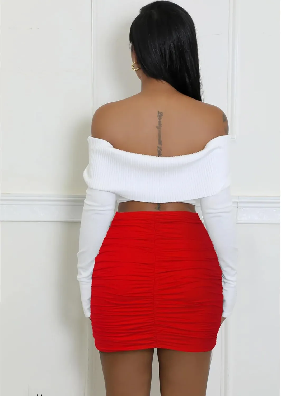 Women's Stretch High Waist Ruched Bodycon Skirts Double Layer Sexy Club Tight Mini Skirt
