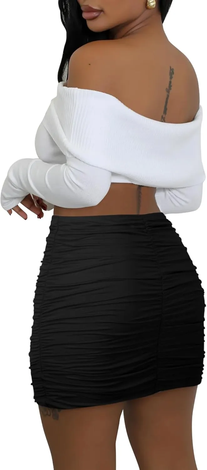 Women's Stretch High Waist Ruched Bodycon Skirts Double Layer Sexy Club Tight Mini Skirt
