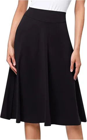 Women's Stretchy High Waist Flare A-Line Midi Skirt Solid Knee Length Elegant Skirts Casual Summer Loose Flowy Skirt